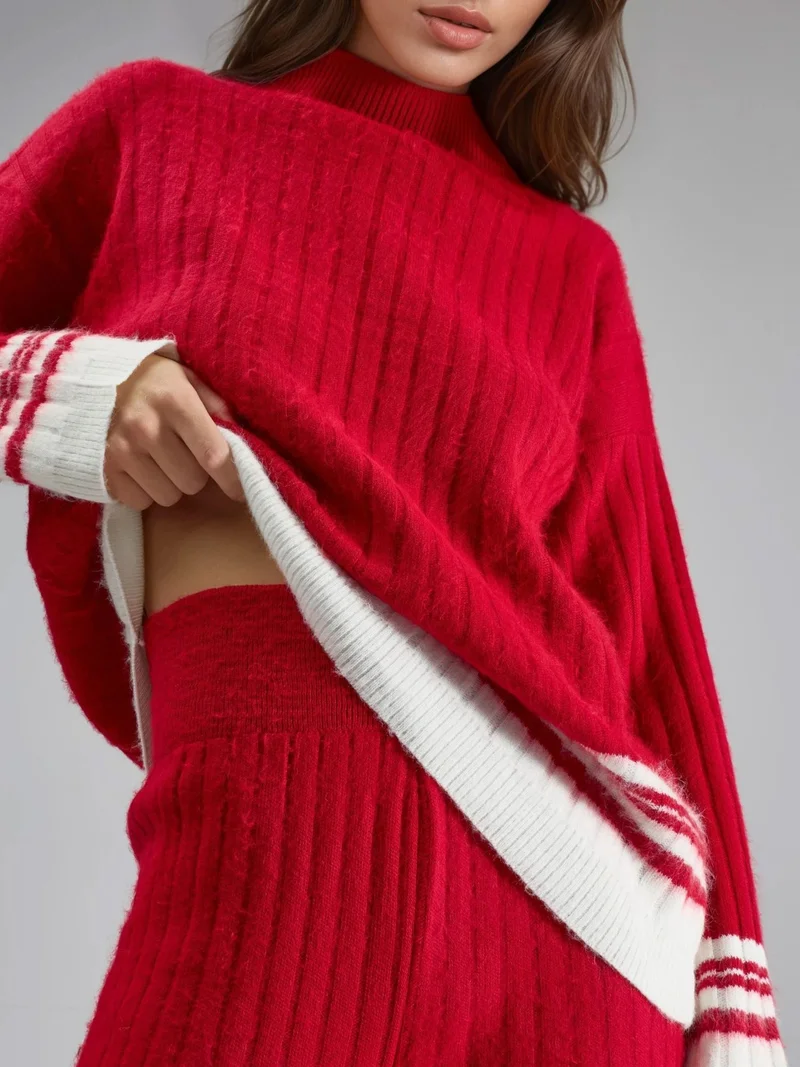 My Fashion Red MY FASHION Striped Ribbed Knit Co-Ord Set with Half Turtleneck for Women | Best Price UAE